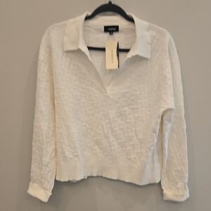 Monrow Cream Textured V-Neck Collared Sweater